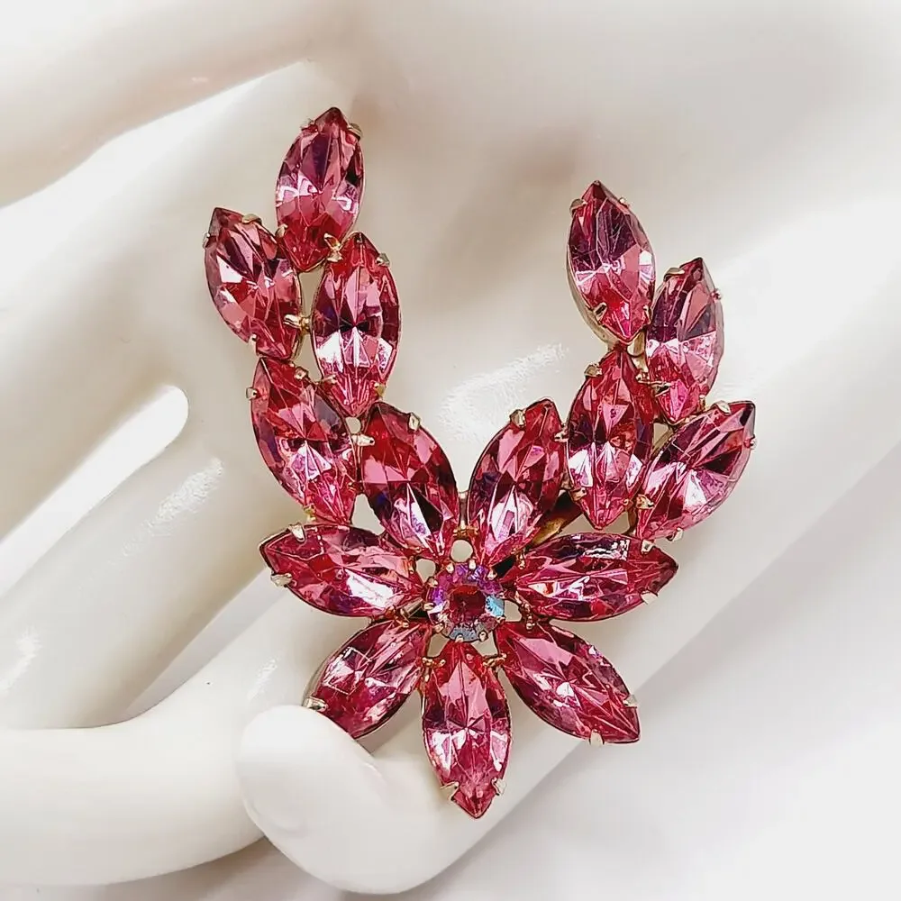 Vintage Pink Rhinestone Floral Spray Brooch AB Center Gold Tone 2.25”